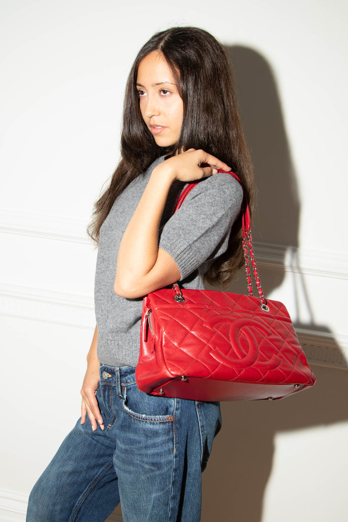 2010s Chanel Red Caviar Leather Timeless CC Shopper Tote Bag