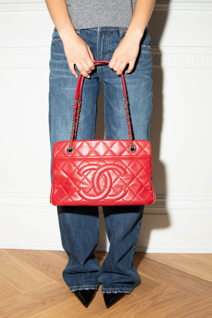 2010s Chanel Red Caviar Leather Timeless CC Shopper Tote Bag