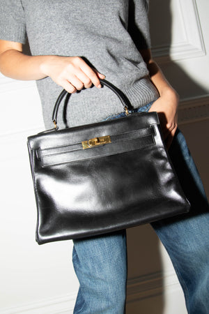 1989 Hermès Kelly 32cm in Retourne Black Box Leather GHW
