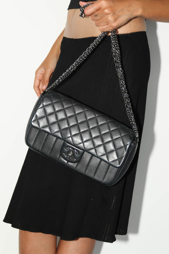 2014 Chanel Charcoal Stitched Leather Multi-Chain Shoulder Bag
