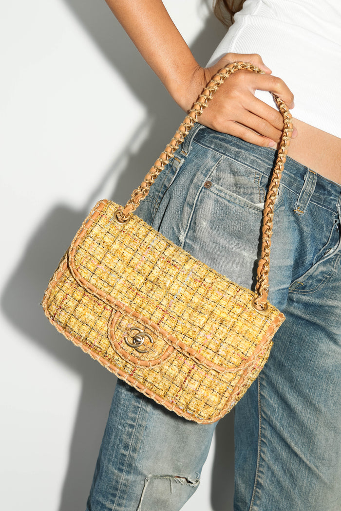 2010s Chanel Yellow St.Tropez Tweed Single Flap Shoulder Bag