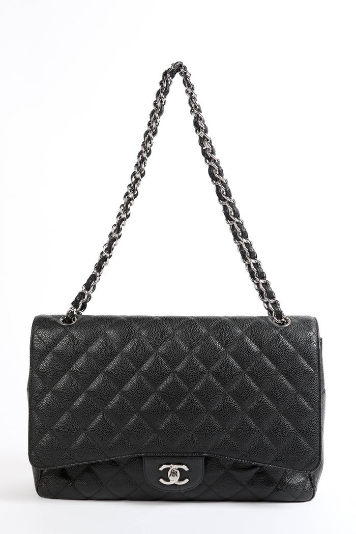 2000s Chanel Black Caviar Leather Maxi Single Flap Bag