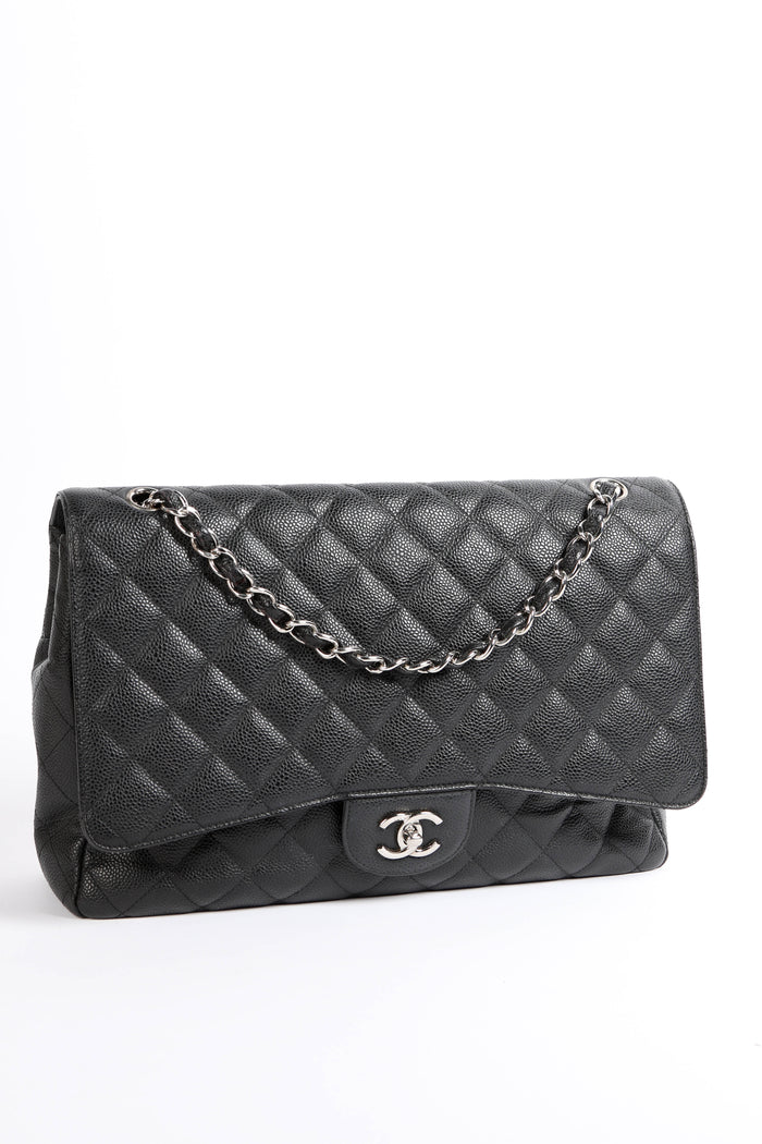 2000s Chanel Black Caviar Leather Maxi Single Flap Bag