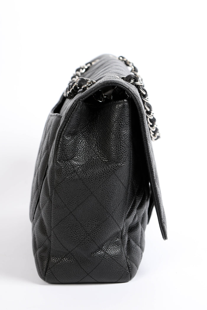 2000s Chanel Black Caviar Leather Maxi Single Flap Bag