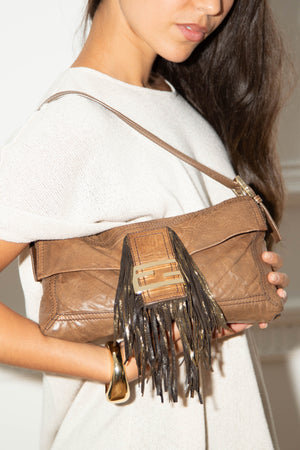 Vintage Fendi Brown Leather Fringe Baguette Shoulder Bag