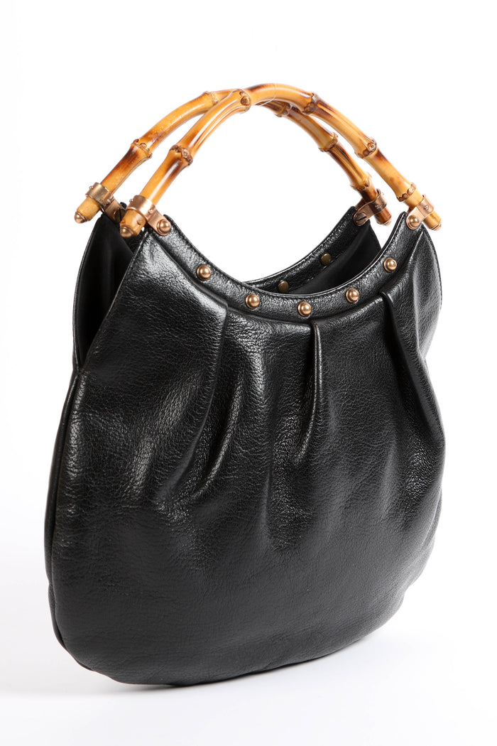 Vintage Gucci Black Studded Leather Bamboo Top Handle Bag