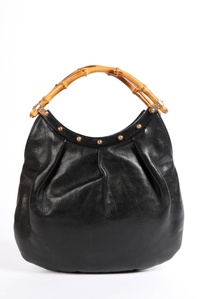 Vintage Gucci Black Studded Leather Bamboo Top Handle Bag