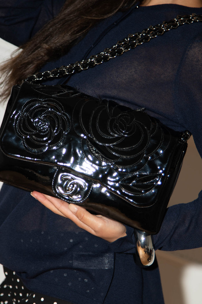 2010s Chanel Black Patent Leather Camellia Flap Bag