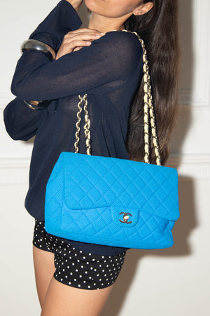2000s Chanel Blue Perforated Jersey Jumbo Single Flap Bag