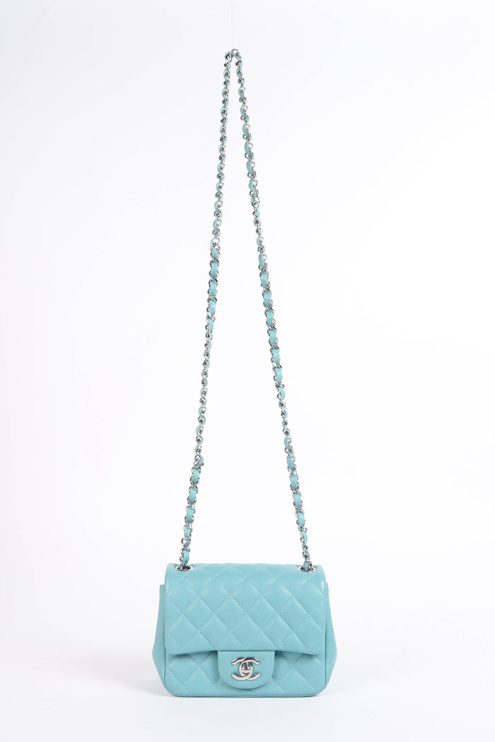 2020s Chanel Tiffany Blue Lambskin Mini Square Single Flap Bag