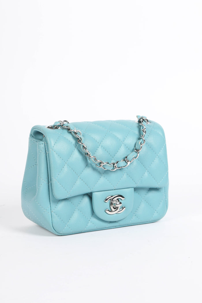 2020s Chanel Tiffany Blue Lambskin Mini Square Single Flap Bag