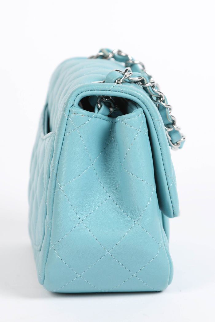 2020s Chanel Tiffany Blue Lambskin Mini Square Single Flap Bag