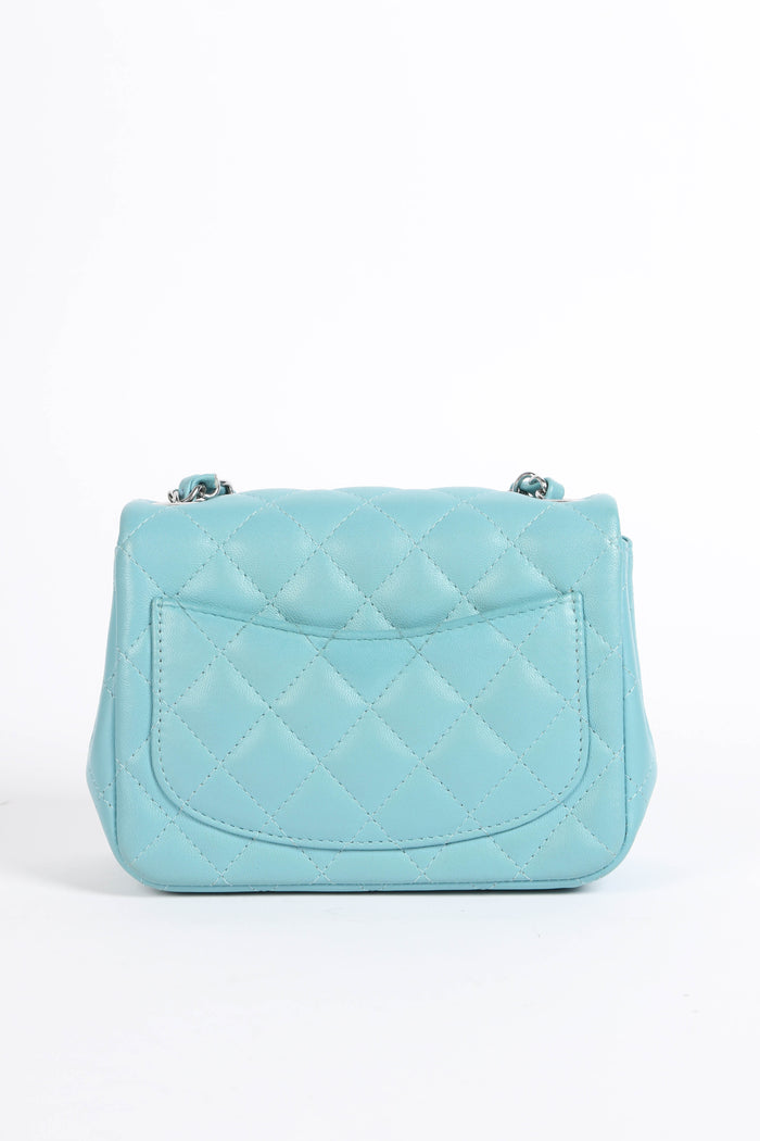 2020s Chanel Tiffany Blue Lambskin Mini Square Single Flap Bag