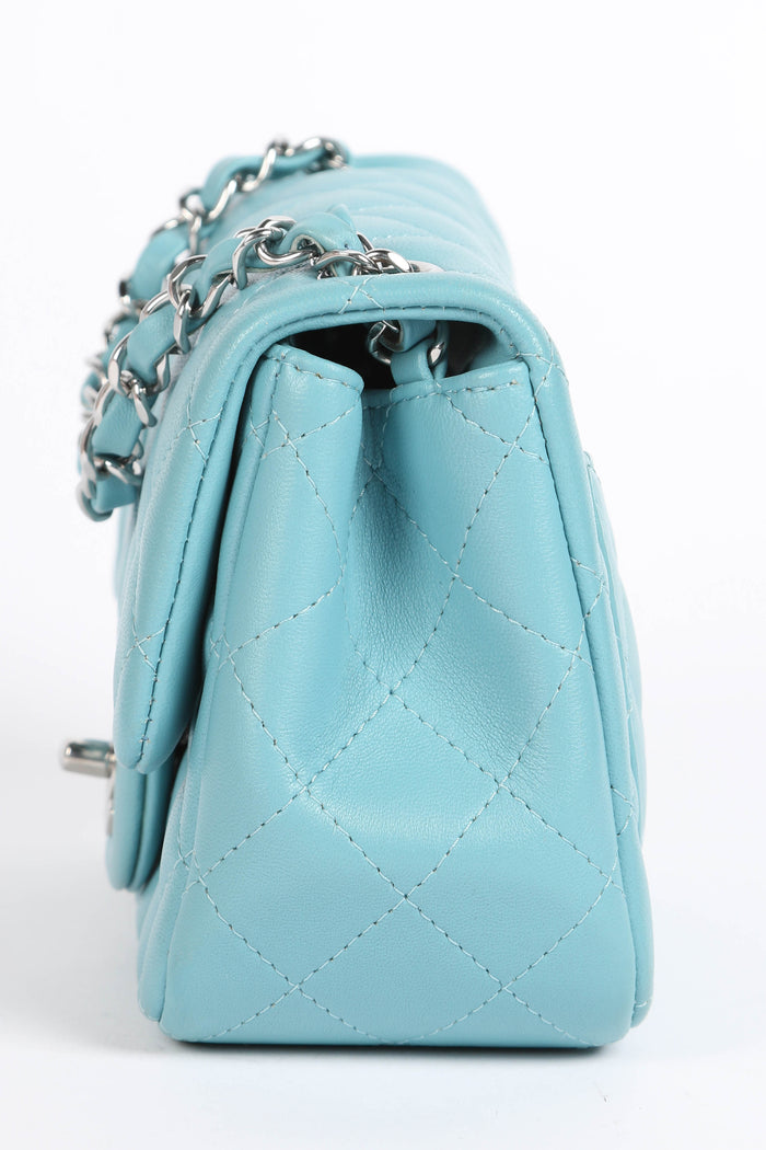 2020s Chanel Tiffany Blue Lambskin Mini Square Single Flap Bag