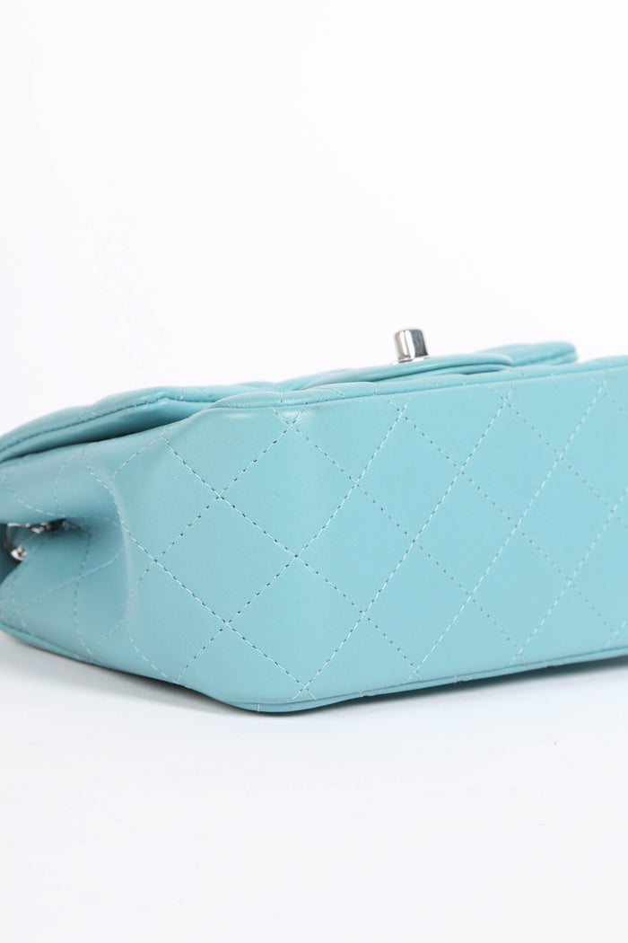 2020s Chanel Tiffany Blue Lambskin Mini Square Single Flap Bag