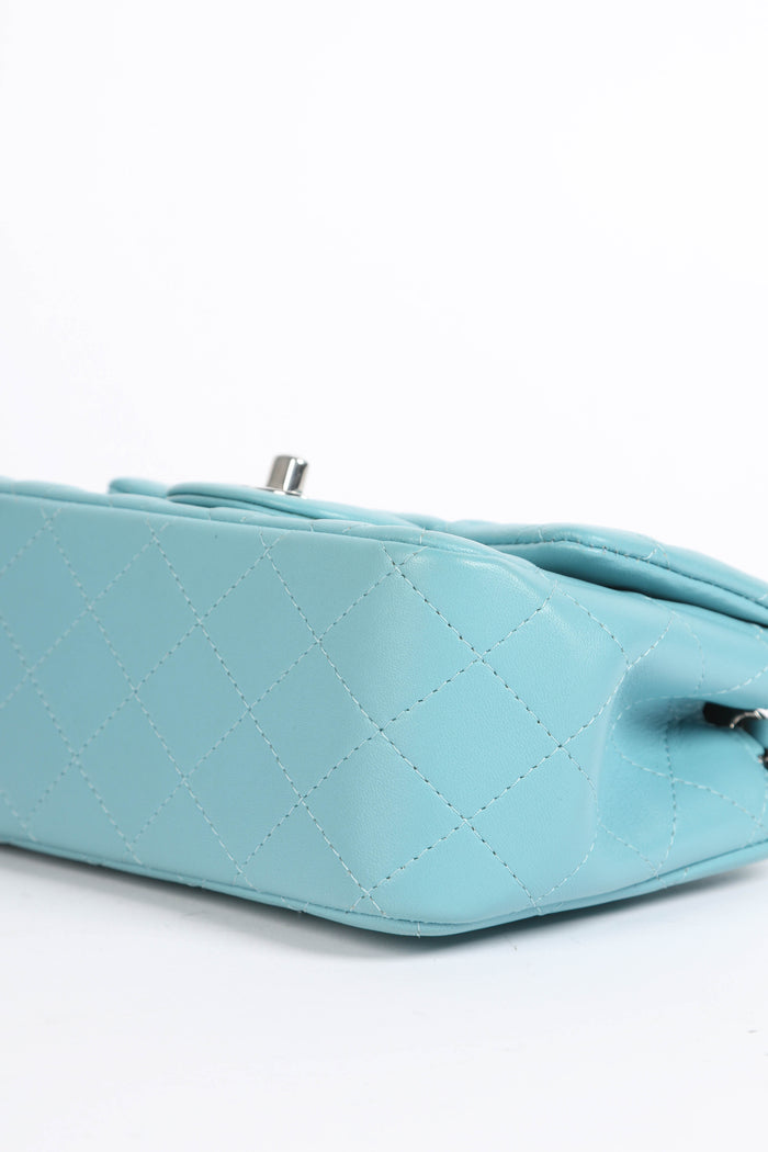 2020s Chanel Tiffany Blue Lambskin Mini Square Single Flap Bag