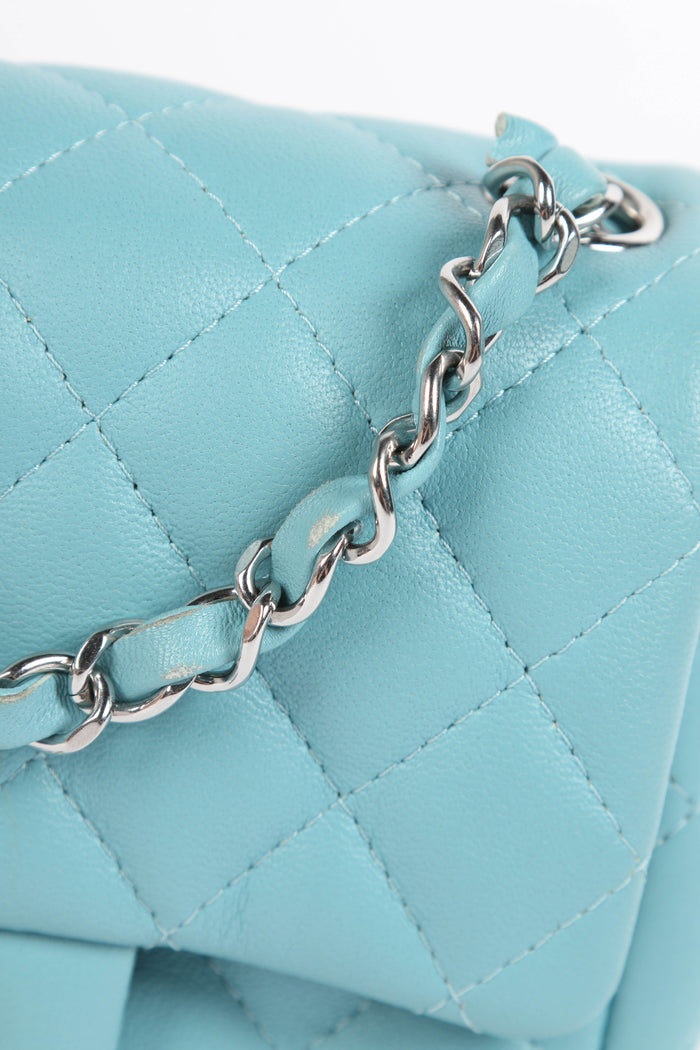 2020s Chanel Tiffany Blue Lambskin Mini Square Single Flap Bag