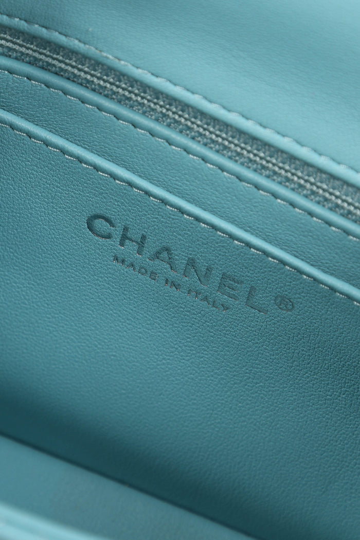2020s Chanel Tiffany Blue Lambskin Mini Square Single Flap Bag