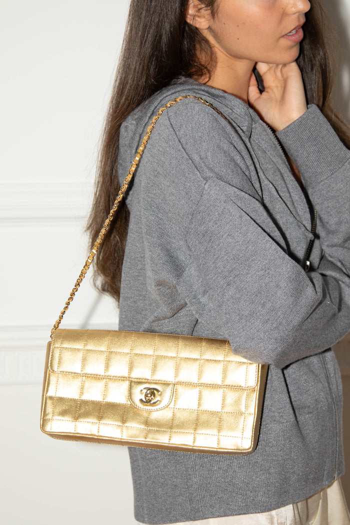 2000s Chanel Gold Lambskin Chocolate Bar East West Shoulder Bag