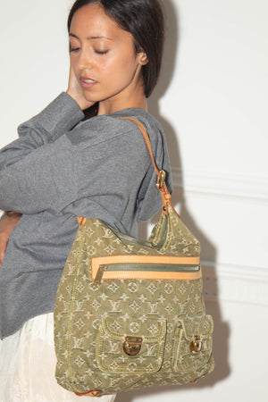 2000s Louis Vuitton Green Denim Baggy GM Monogram Shoulder Bag