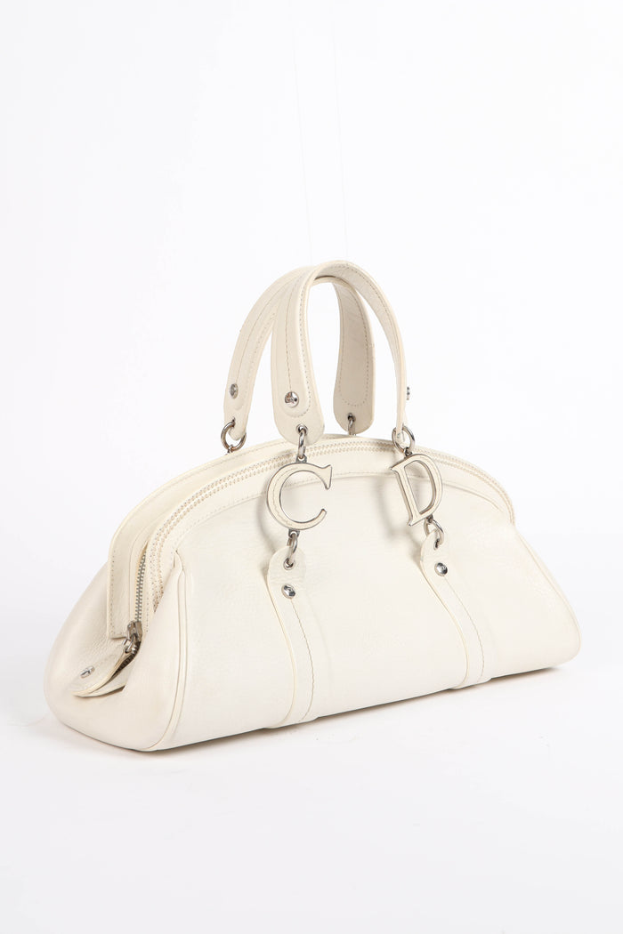 2000s Christian Dior White Leather Detective Top Handle Bag