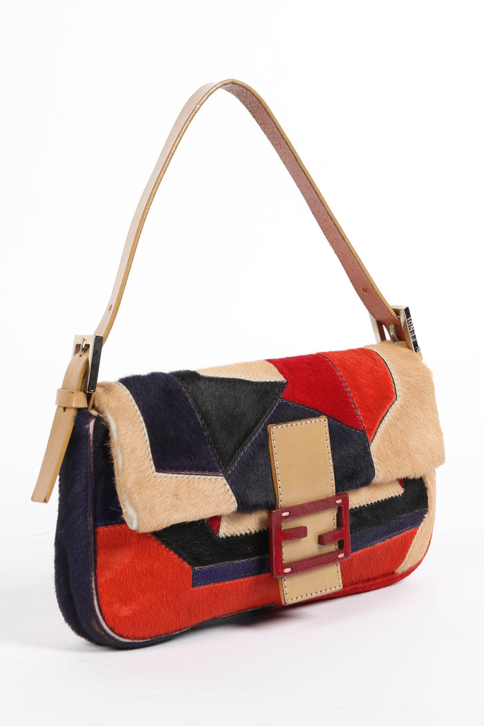 Vintage Fendi Pony Hair Patchwork Baguette Shoulder Bag