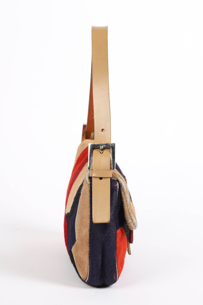 Vintage Fendi Pony Hair Patchwork Baguette Shoulder Bag