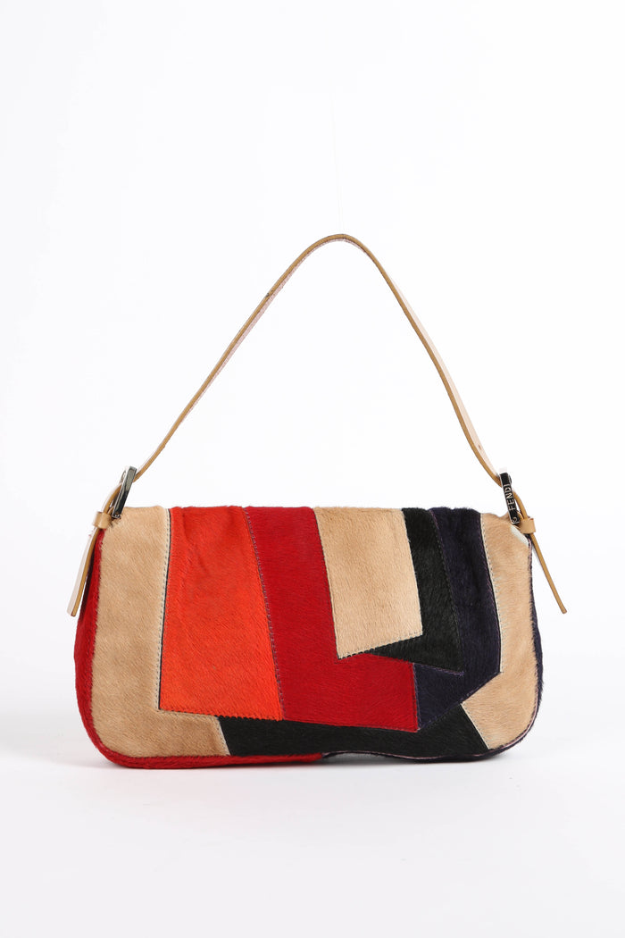 Vintage Fendi Pony Hair Patchwork Baguette Shoulder Bag