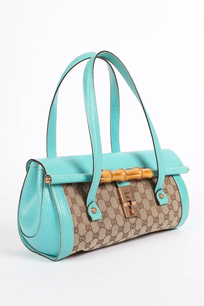 Vintage Gucci Monogram Canvas Bamboo Large Bullet Shoulder Bag