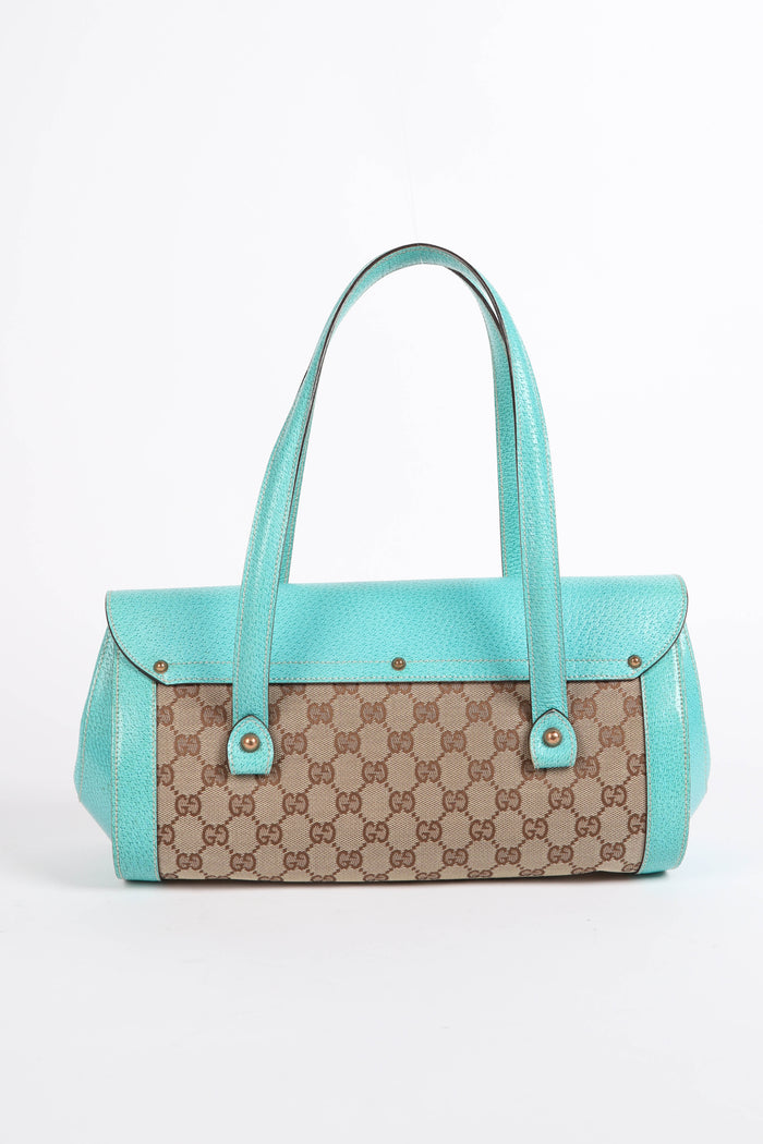 Vintage Gucci Monogram Canvas Bamboo Large Bullet Shoulder Bag