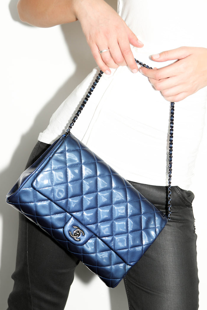 2010s Chanel Blue Patent Leather Clutch Bag with Chain