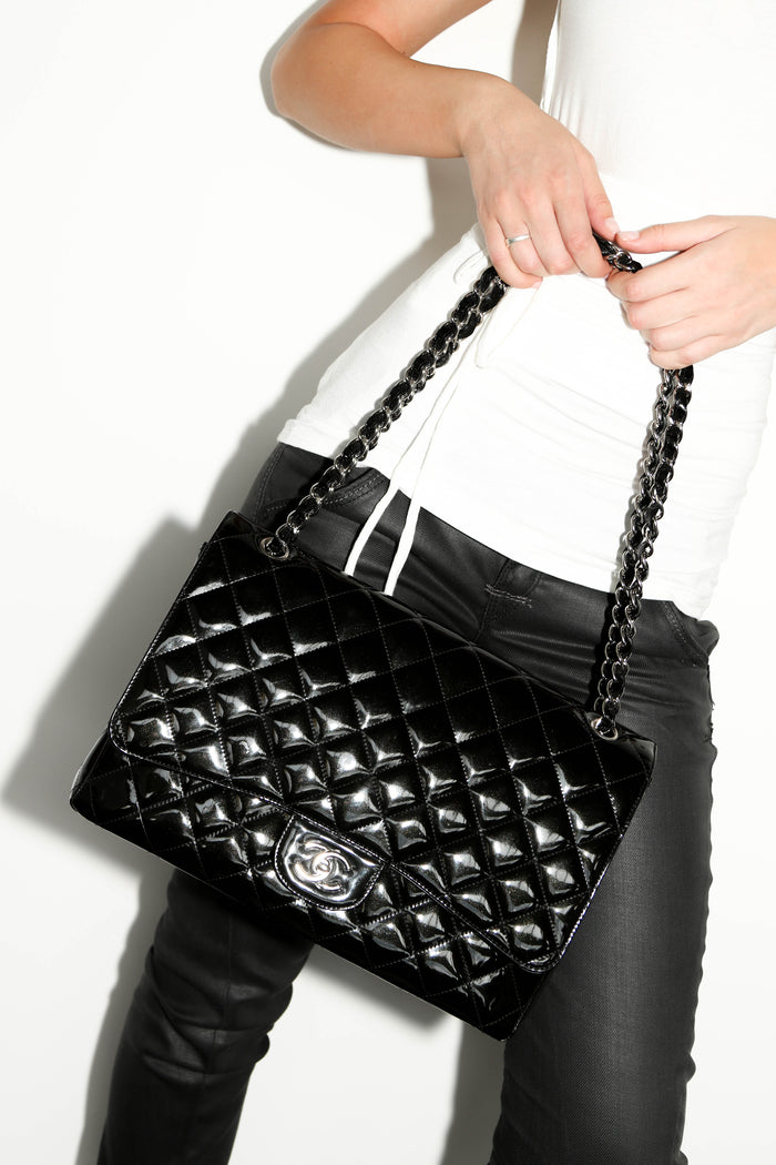 2000s Chanel Dark Olive Patent Leather Maxi Single Flap Shoulder Bag