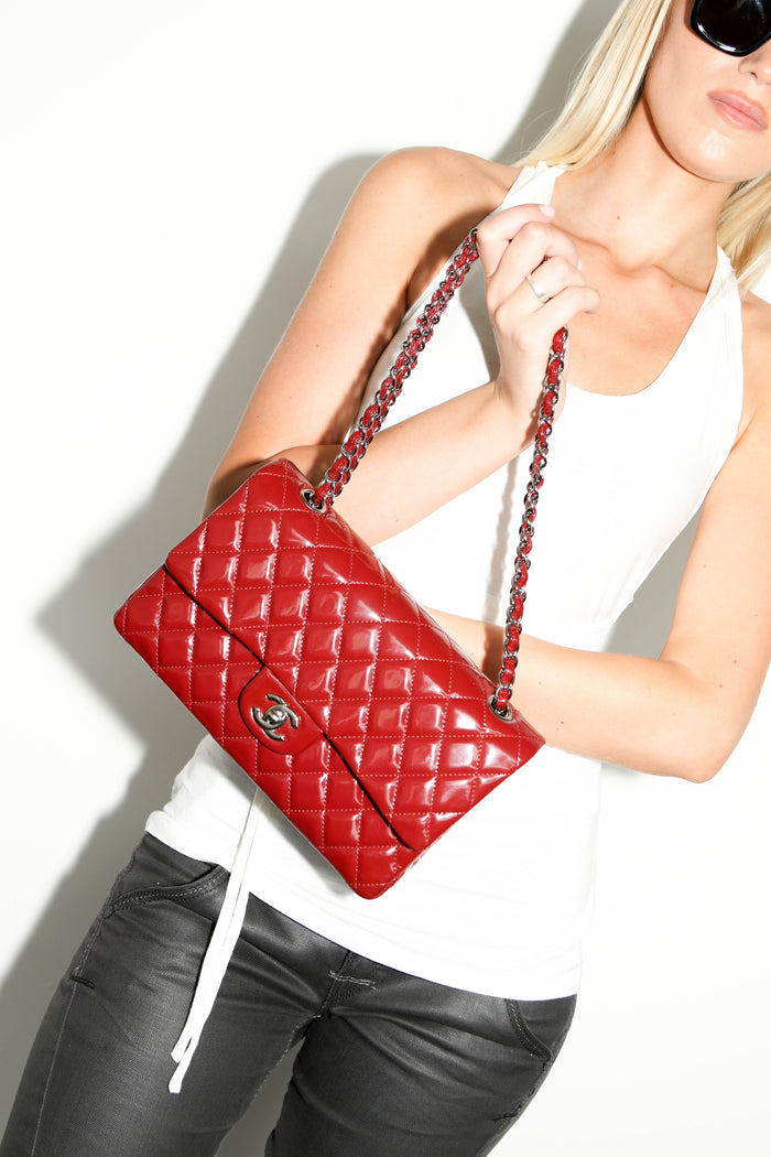 2010s Chanel Red Patent Leather Medium Double Flap Shoulder Bag