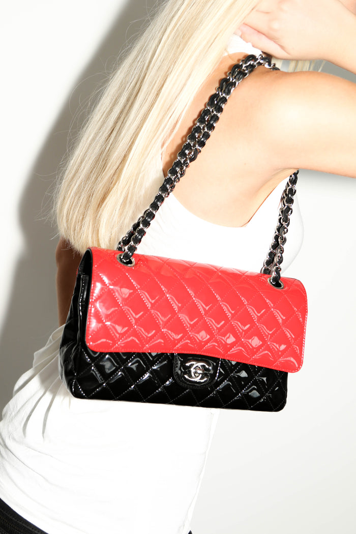 2010s Chanel Bi-Colour Patent Leather Medium Double Flap Shoulder Bag