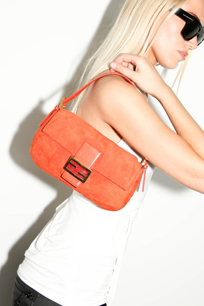 Vintage Fendi Orange Suede Baguette Shoulder Bag
