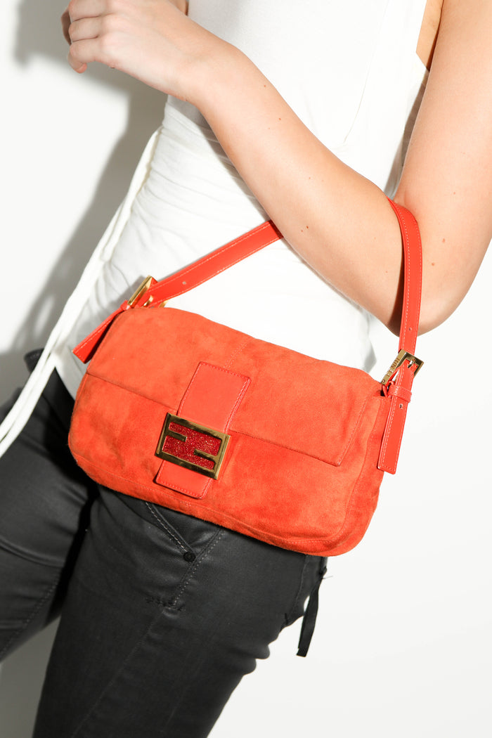 Vintage Fendi Orange Suede Baguette Shoulder Bag