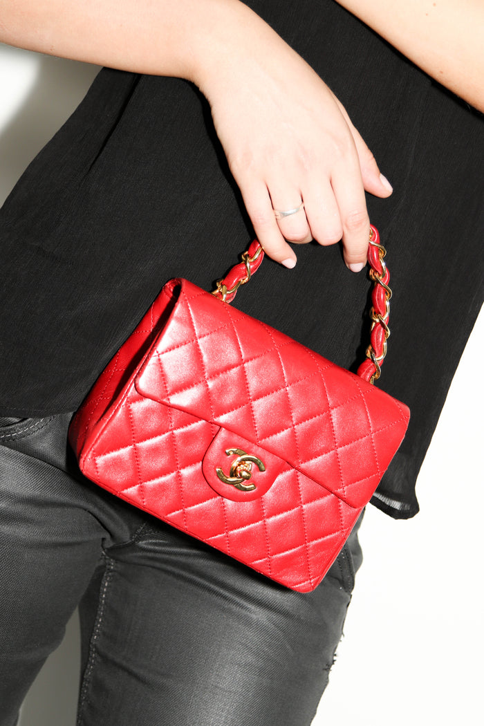 90s Chanel Red Lambskin Mini Square Top Handle Flap Bag