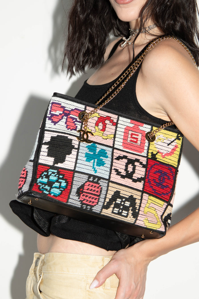2000s Chanel Embroidered Multicolour Icon Shoulder Bag