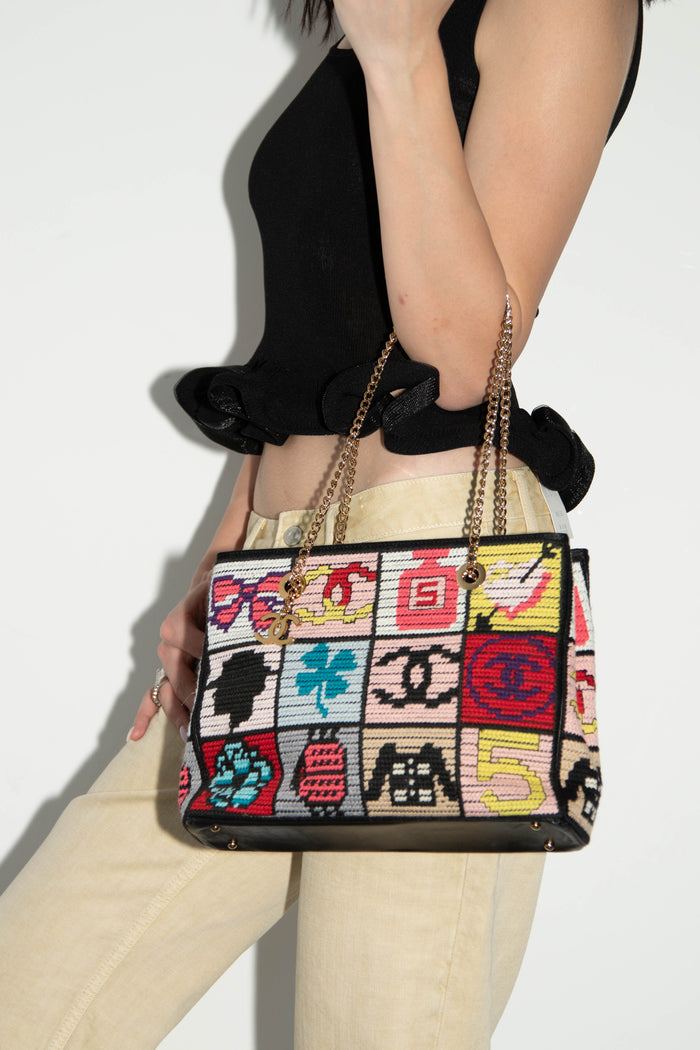 2000s Chanel Embroidered Multicolour Icon Shoulder Bag