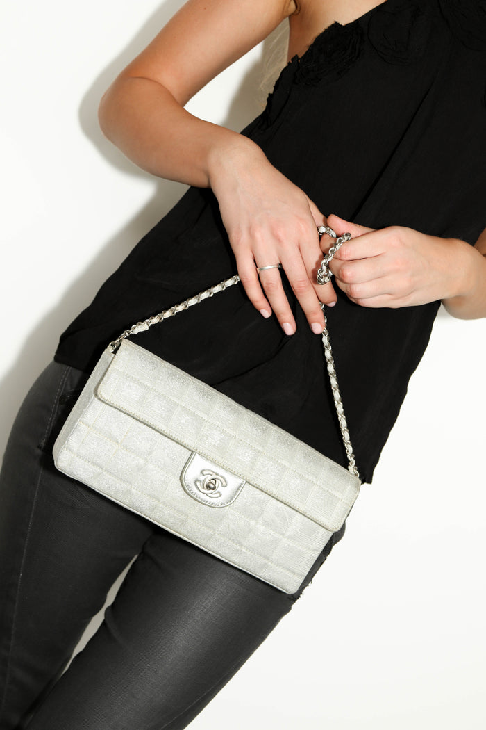 2000s Chanel Silver Travel Line East West Shoulder Bag