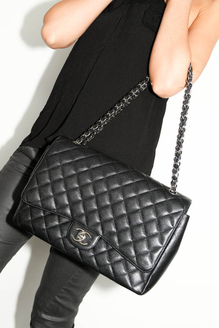 2010s Chanel Black Caviar Leather Maxi Double Flap Bag