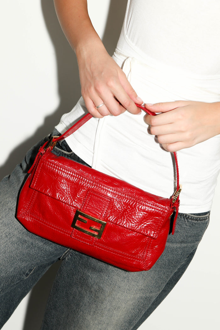 Vintage Fendi Red Aged Leather Baguette Shoulder Bag