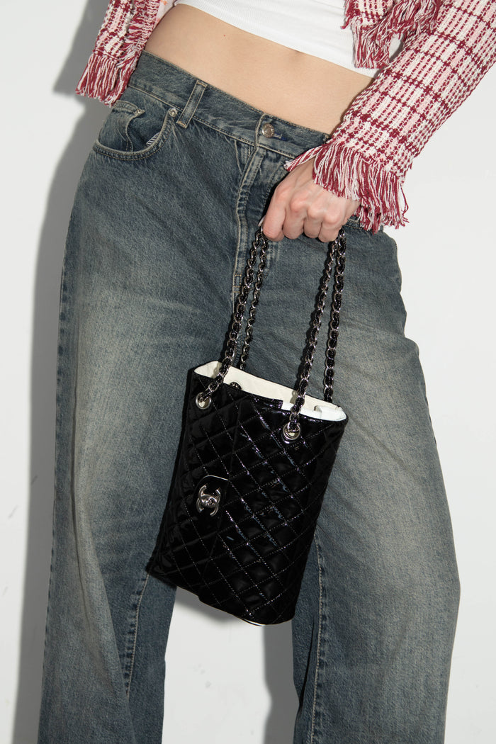2000s Chanel Black Patent Leather Sideways Flap Shoulder Bag