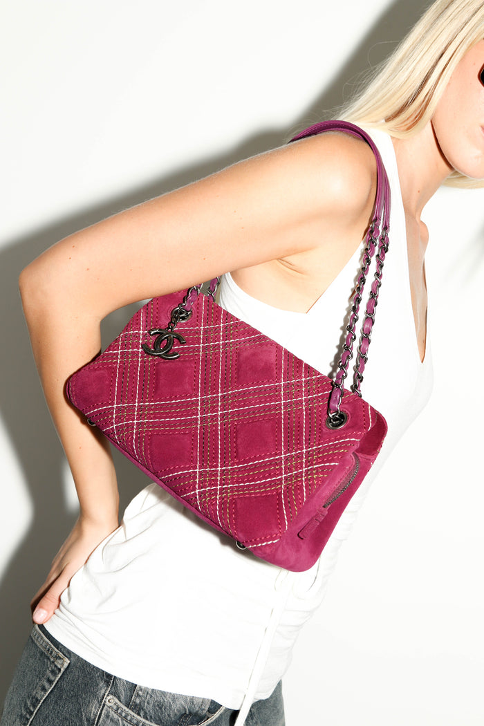 2010s Chanel Purple Suede Wild Stitch Small Shoulder Bag
