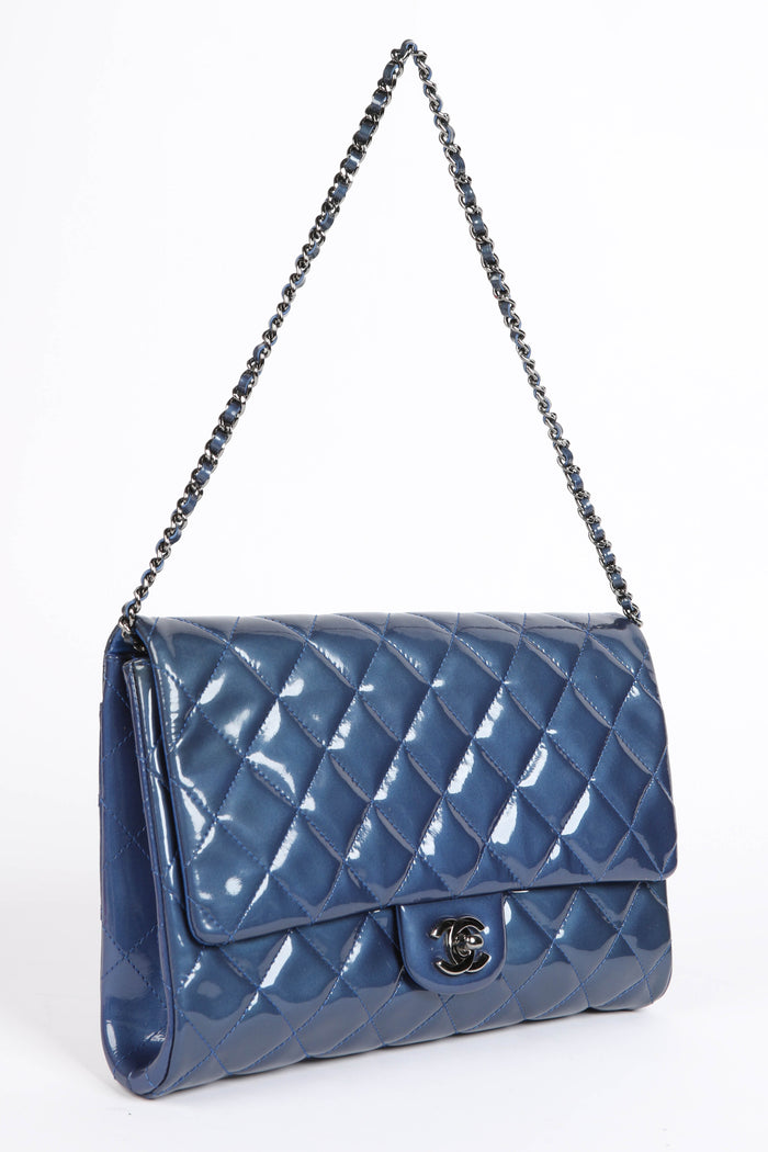 2010s Chanel Blue Patent Leather Clutch Bag with Chain