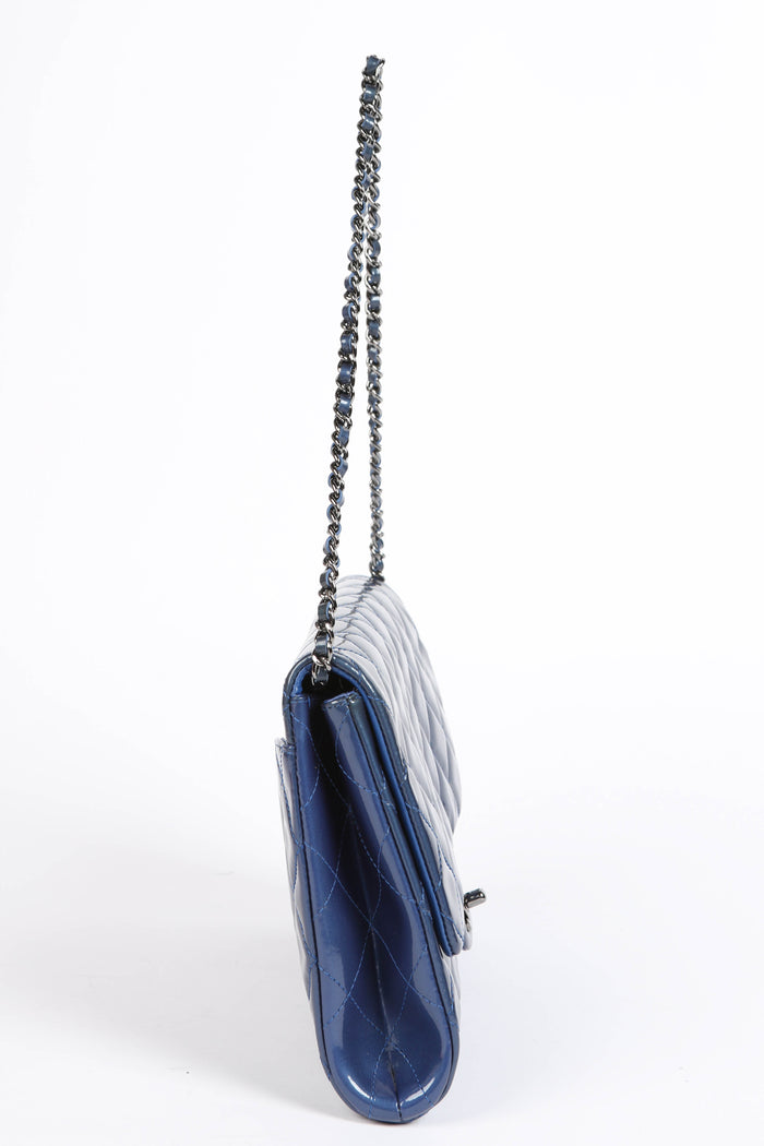 2010s Chanel Blue Patent Leather Clutch Bag with Chain
