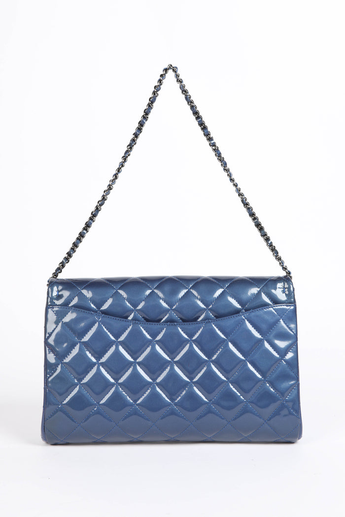 2010s Chanel Blue Patent Leather Clutch Bag with Chain