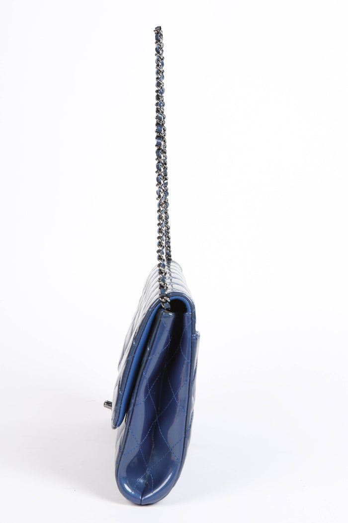 2010s Chanel Blue Patent Leather Clutch Bag with Chain