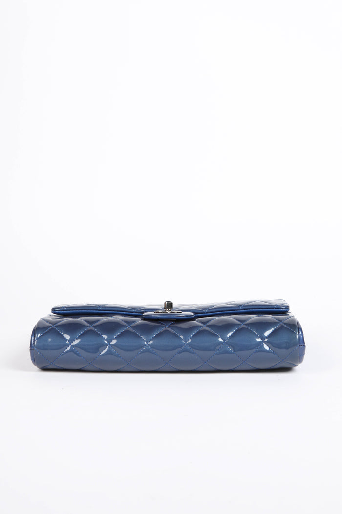 2010s Chanel Blue Patent Leather Clutch Bag with Chain