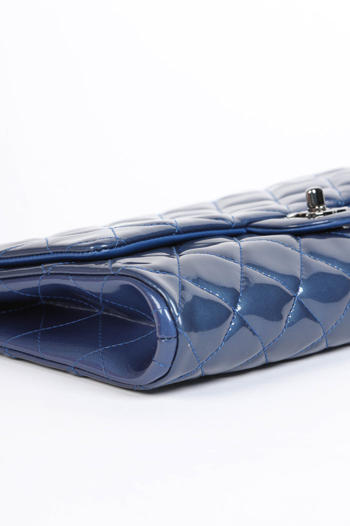 2010s Chanel Blue Patent Leather Clutch Bag with Chain